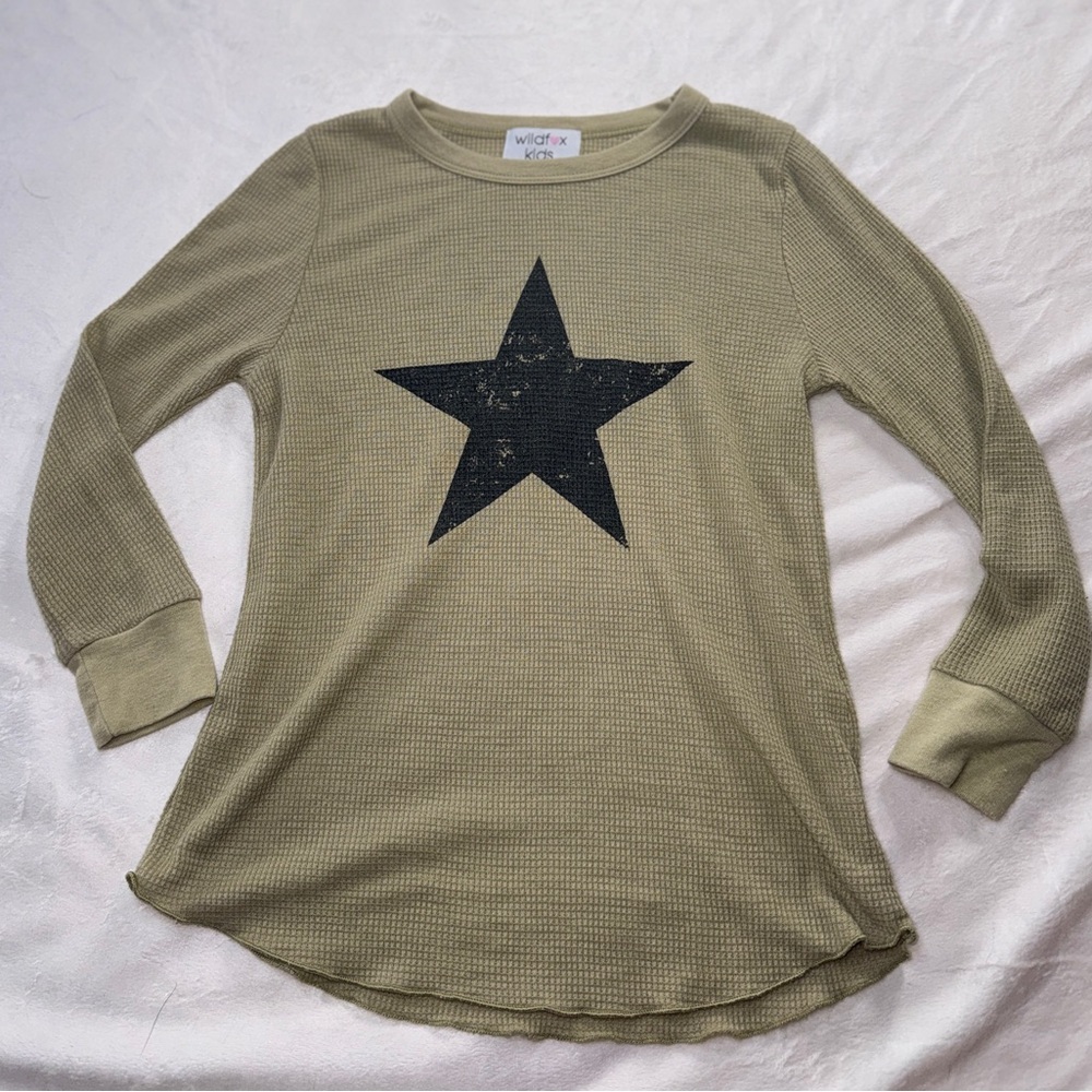 Wildfox Kids Olive Star Army Green Thermal Long Sleeve Graphic Shirt